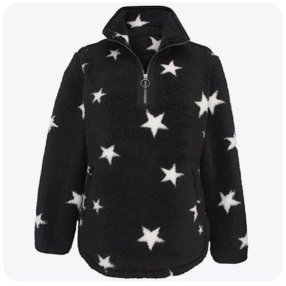 COZY SHERPA Black & White Star Sherpa Faux Fur Pullover 1/4 Zip  Warm Jacket XL